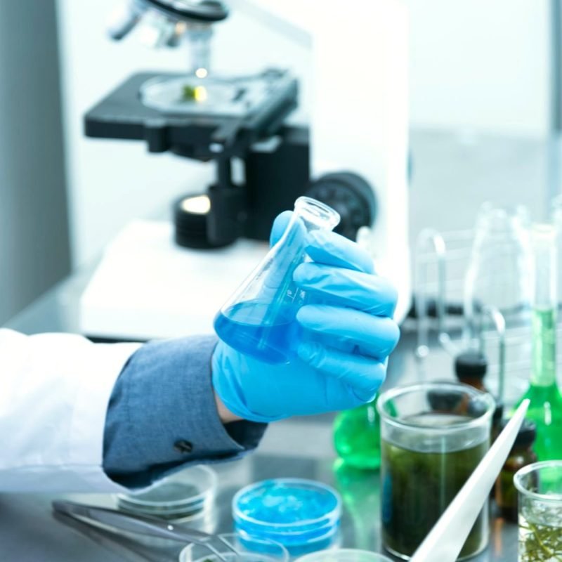 Laboratory flasks and chemistry glassware during an experiment.